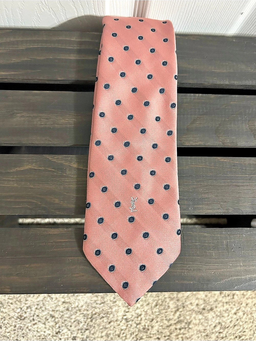 Vintage Yves Saint Laurent Pink & Navy Monogram Logo Tie